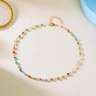 Colorful Beaded Necklace Women, Macaron Candy Color Handmade Chain, 18K Gold Plated Alloy, Boho Sweet Clavicle Chain, 40+5cm Adjustable