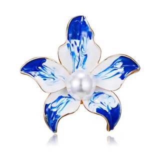 Vintage Floral Brooch, Blue & White Marbled Enamel with Pearl Center, 18K Gold Plated Alloy, Elegant Lapel Pin for Women