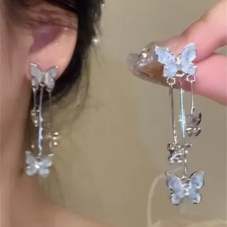 Butterfly Zircon Earrings - Elegant Long Tassel Dangle Earrings, Alloy Micro-Paved Rhinestone Hollow Butterfly Drop Earrings for Women, Silver White, Approx 6cm