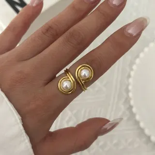 French Vintage Wrap Pearl Ring - 18K Gold Plated Stainless Steel, Open Adjustable Stackable Finger Ring, Hypoallergenic, ~1.8cm