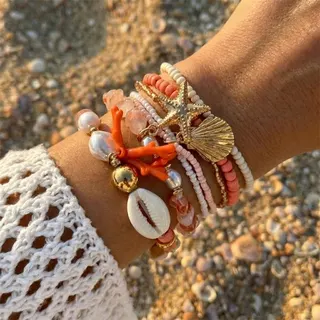 Boho Ocean Layered Bracelet Set - Starfish Shell Coral Pearl Beaded Stack, White 18cm, Beach Vacation Jewelry for Women