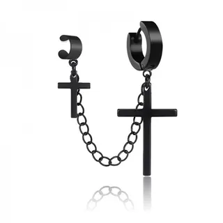 Punk Cross Earring Black Stainless Steel Ear Cuff Clip-On Chain Dangle Gothic Y2K Statement Earring No Piercing Needed