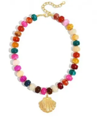 Colorful Resin Bead Necklace with Gold Shell Pendant, Boho Vacation Statement Necklace, Adjustable 40+5cm, Macaron Candy Color Beaded Choker