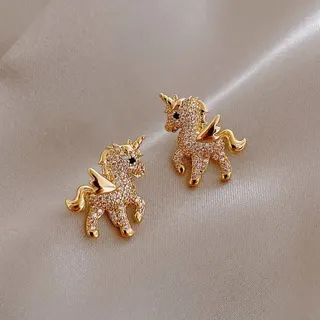 Cute Pegasus Pony Wing Stud Earrings, Rhinestone Paved Gold-Plated Alloy Ear Studs, 1.5cm Sweet Chic Fashion Jewelry for Women (Pair)