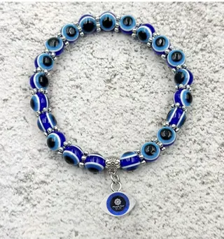 Evil Eye Nazar Bracelet, Blue Resin Beads with Alloy Silver Spacers, Custom Logo Pendant, Boho Protective Charm Bracelet for Women