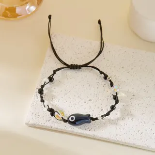 Cute Ceramic Fish Beaded Bracelet, Adjustable Woven Cord with Colorful Rice Beads, Purple Kawaii Girl Jewelry 18-30cm