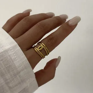 Vintage Gold Beaded Enamel Openwork Ring - Stainless Steel Multi-Band Stacking Ring, Hypoallergenic 18K Gold Plated, French Chic Women's Jewelry