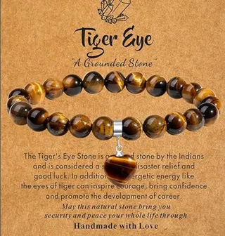 Natural Tiger Eye Stone Bead Bracelet with Drop Charm, Adjustable Elastic Cord, Grounded Healing Crystal Jewelry for Women