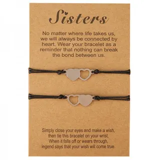 Sisters Bracelet Set of 4 - Stainless Steel Hollow Heart Woven Adjustable Cord Bracelets, Gift Card Packaging for Best Friends, 16-28cm