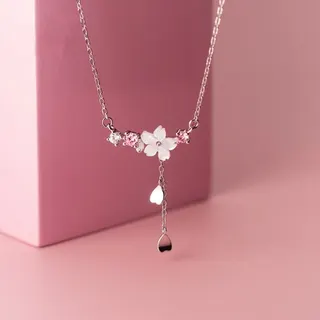 Cherry Blossom Shell Flower Zircon Dangle Earrings - Silver Plated Copper with Natural Shell Petals & Pink Rhinestones, Sweet Elegant Tassel Stud Earrings for Women