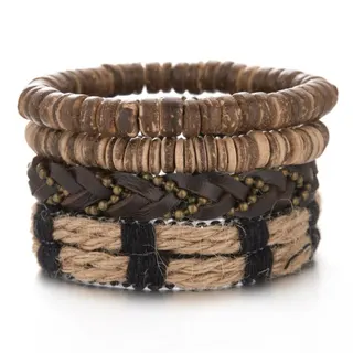 Men's Bohemian Bracelet Set - Wood & Coconut Shell Beads, Leather & Hemp Rope Braided with Antique Brass Accents, Multi-Layer Stackable, ~10cm