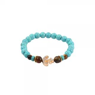 Turquoise Beaded Bracelet with Gold Anchor Charm, 8mm Natural Stone Beads, Rhinestone Inlay Boho Nautical Style Women's Jewelry
