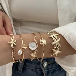 Summer Ocean Starfish Shell Bracelet Set, Gold Plated Alloy with Pearl & Mother-of-Pearl, Boho Beach Jewelry Stackable Bangle for Women