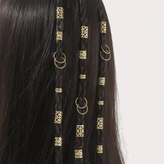 Gold Hollow Round Braids Hair Rings - Fake Hair & Dreadlock Accessories, 18K Gold Plated Iron Geometric Hair Cuffs Set
