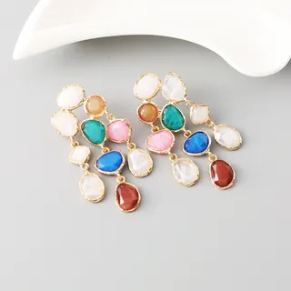 Colorful Alloy Earrings 18K Gold Plated Bohemian Multi-Color Stone Dangle Earrings Irregular Oval Vintage Drop Earrings for Women