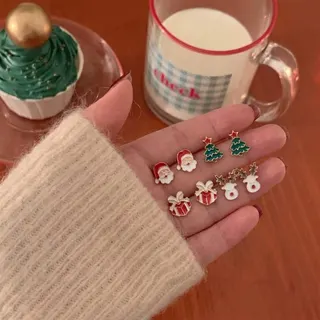 Christmas Earrings Set 4 Pairs - Alloy Gold Enamel Santa Claus Christmas Tree Gift Box Reindeer Cute Holiday Stud Earrings 1.1x1.2cm