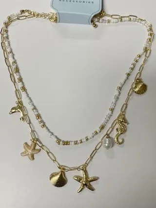 Ocean Boho Layered Necklace for Women - Gold Plated Alloy with Starfish, Shell, Seahorse & Pearl Charms - Beach Vacation Jewelry