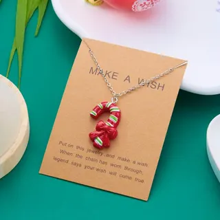 Christmas Candy Cane Necklace for Women, Resin Red Green White Striped Bow Pendant on Alloy Chain, Festive Wish-Making Jewelry Gift with Card Packaging