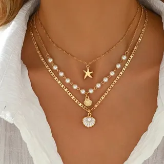 Ocean Beach Layered Necklace Gold Shell Starfish Pendant with Fake Pearls, 3-Layer Collarbone Chain for Women, 18K Gold Plated Alloy Jewelry