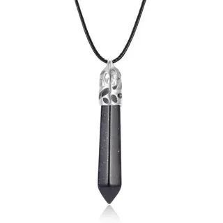 Natural Blue Sandstone Hexagonal Point Pendant Necklace, Openwork Filigree Alloy Bail, Black Leather Cord with 44+5cm Adjustable Extender, Boho Minimalist Long Necklace