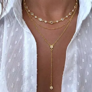 Layered Y-Necklace with Rhinestone Flower Pendant, Gold-Plated Alloy Tassel Locket Chain, French Vintage Multi-Strap Collarbone Necklace for Women
