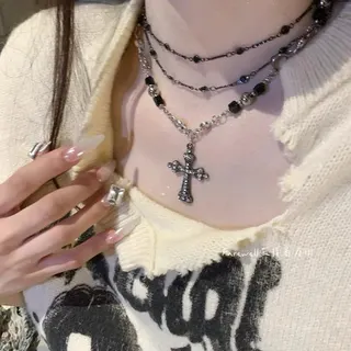 Gothic Cross Multi-Layer Necklace for Women, Rhinestone Inlaid Alloy Choker with Black Beads, Y2K Punk Statement Jewelry, 37+8cm