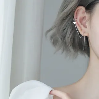 Star Dangle Ear Cuff Earrings Asymmetric Long Chain Ear Wire No Piercing Needed White Gold Plated Copper Hollow Star Earrings for Women
