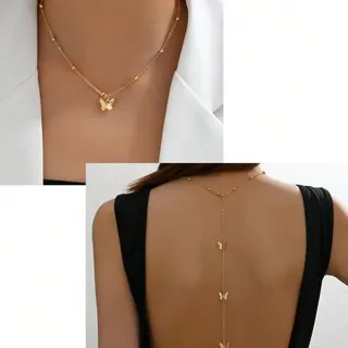 Butterfly Back Chain Necklace, Silver Alloy Body Chain with Rhinestone Butterflies, Sexy Back Necklace for Swimsuit & Dress, ~70cm