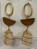 Boho Vintage Long Drop Earrings - Gold Alloy Hoop with Wood & Stone Leaf Dangle, Earth Tone Statement Earrings for Women