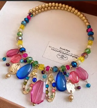 Bohemian Colorful Beaded Necklace, Imitation Pearl & Multicolor Gemstone Drop Pendant, French Vintage Statement Collar Necklace for Women, Gold, Approx 6cm