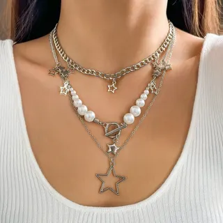 White Gold Pearl Star Layered Necklace - Y2K Sweet Cool Multi-Chain Choker with Saturn & Hollow Star Pendants, 40+5cm Adjustable, Alloy CCB Imitation Pearl