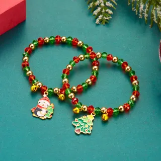 Christmas Beaded Bracelet Set of 2, Red Green Crystal Beads with Santa Claus Charm & Gold Bells, 18cm Elastic Stretch Bracelet for Couples Best Friends Holiday Gift