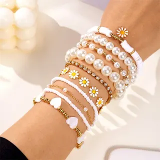 Daisy Pearl Bracelet Set of 3 - French Style Layered Chain Bracelets with White Daisies & Imitation Pearls, 18K Gold Plated Tarnish-Free, Elegant Gift for Women