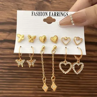 Gold Alloy Heart & Butterfly Earrings Set of 6 - Rhinestone Hollow Love Studs, Butterfly Drop Earrings & Long Chain Dangle Earrings, Sweet Elegant Jewelry Gift