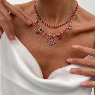 Y2K Sweetheart Layered Necklace Red Beaded Charm Necklace Cherry Rose Heart XOXO Pendant Braided Rope Necklace for Women Girls