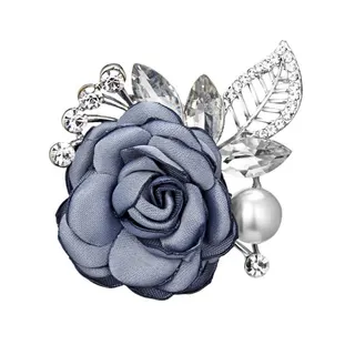 French Vintage Blue Fabric Rose Brooch with Pearl & Crystal Leaves, White Gold Plated Alloy, 4.5x5cm Elegant Pin for Blazer Dress Gift