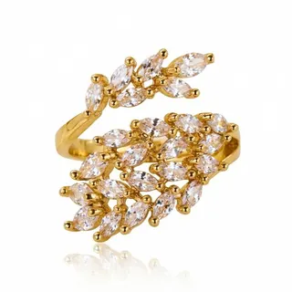 Wheat Ear Open Ring for Women, Gold-Plated Copper with Marquise Cubic Zirconia, Adjustable French Vintage Statement Finger Ring