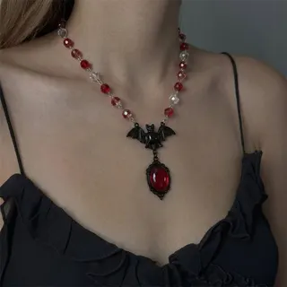 Halloween Bat Gemstone Necklace Gothic Dark Alloy Resin Pendant Long Chain 40+5cm Party Cosplay Jewelry