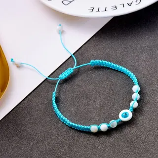 Evil Eye Bracelet Handmade Braided Wax Cord Adjustable Beaded Wristband, Turquoise Blue Resin Charm, 16-28cm, Boho Lucky Gift for Women