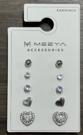 Heart Stud Earrings Set of 5 Pairs - Cubic Zirconia & Polished Silver Tone, Rhinestone Heart & Round Diamond Studs, Lightweight Hypoallergenic Ear Jewelry Gift for Women