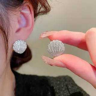 Vacation Style Zircon Shell Earrings for Women, Gold Plated Copper, 1.5x1.3cm, Pair, Beach Holiday Summer Jewelry