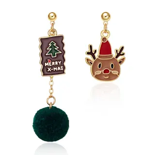 Christmas Reindeer Pom Pom Earrings Asymmetric AB Drop Earrings Gold Plated Alloy Enamel Holiday Party Jewelry Gift