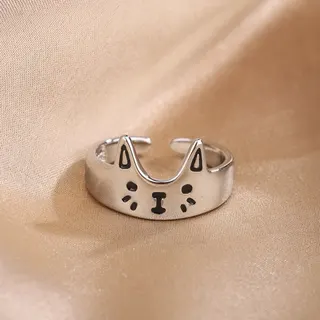 Cute Cat Face Ring, Open Adjustable Alloy Ring with Enamel Cat Ears & Whiskers, Gold/Silver Plated Kawaii Finger Ring for Women Girls, Gift for Cat Lovers