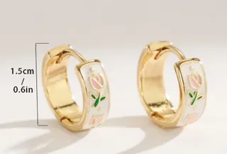 French Vintage Tulip Flower Earrings, Enamel Drip Hoop Earrings, 18K Gold Plated Copper, Sweet Minimalist Floral Ear Hoops for Women, 1.5cm, Pair