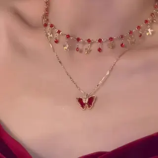 Butterfly Layered Necklace for Women - Double Chain Red Enamel Butterfly Pendant with Rhinestone Bead Tassel, 18K Gold Plated Alloy, French Vintage Sweet-Cool Collarbone Chain (34+6/38+6cm)