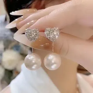 S925 Silver Post Heart Shaped Rhinestone Pearl Drop Earrings, Gold Tone Sparkling Crystal Heart with Large Imitation Pearl Dangle, Hypoallergenic Elegant Jewelry for Women