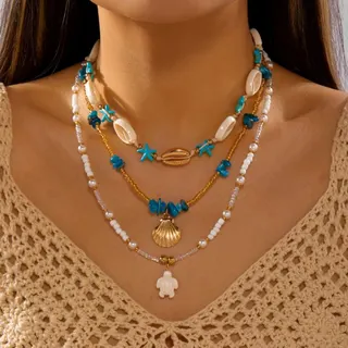 Boho Beach Necklace Set 3pcs - Shell Starfish Turtle Pendant Layered Necklace with Pearl Beaded Gold Chain 35+5cm Summer Vacation Jewelry