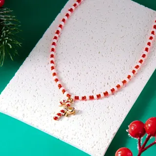 Christmas Tree Beaded Necklace, White & Green Crystal Seed Bead Chain with 18K Gold Plated Tree Charm, Adjustable 40+5cm, Holiday Gift Jewelry for Women