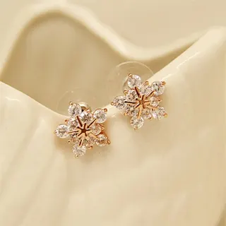 Flower Snowflake Zircon Stud Earrings, Rose Gold Alloy Micro-Pavé Crystal Earrings for Women, Small Delicate Sparkly Dangle-Free Studs, Wedding Party Gift Jewelry