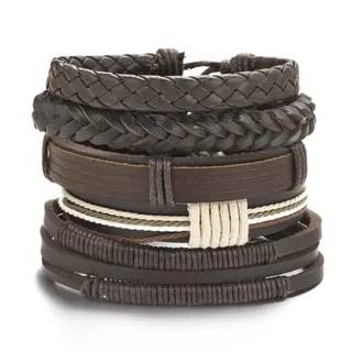 Men's Leather Bracelet Set - Multi-Layer Woven Braided Cuff, Adjustable 16-28cm (6.29-11.02in), Vintage Boho Outdoor Style, Handmade Leather Wrap Wristband Gift for Him